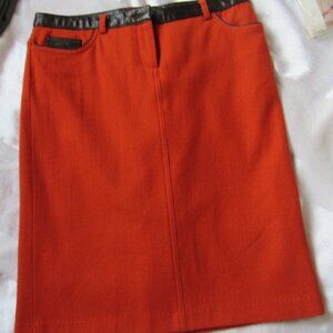 Paige Novick Wool, Leather Details, Orange, front   Zip Knee Length Skirt Size 6